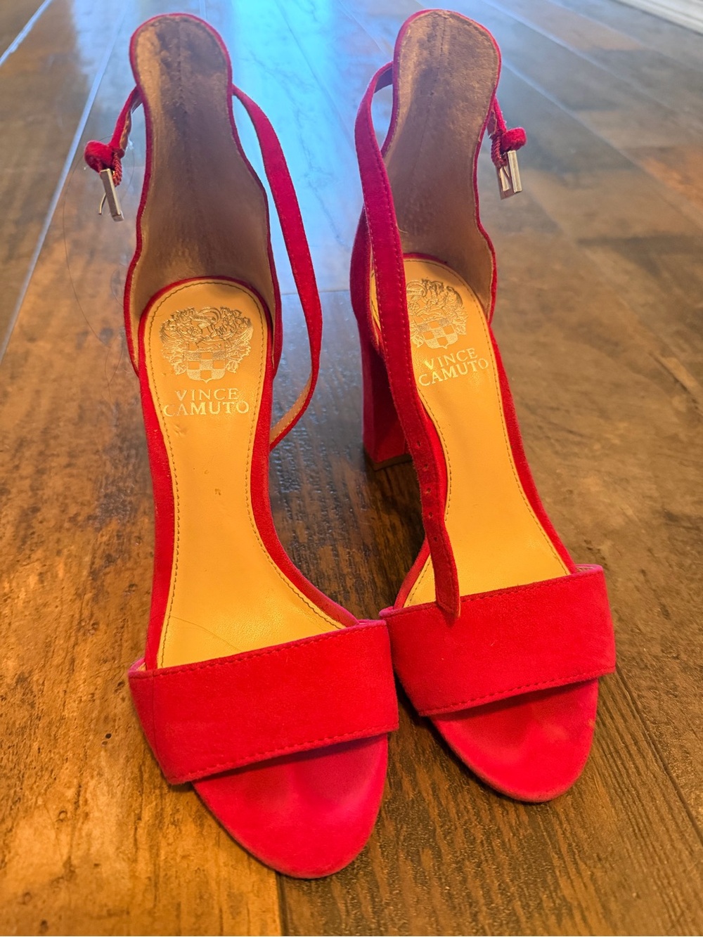 Vince Camuto Bright Red Suede Ankle-Strap Block Heels